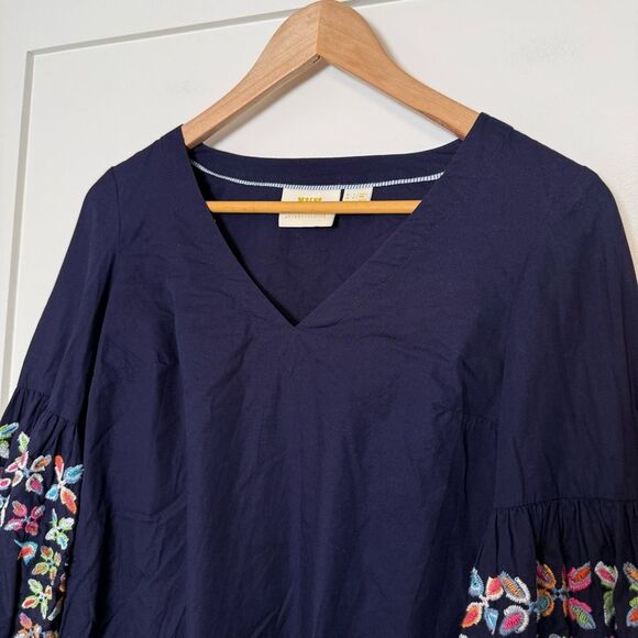Maeve Anthropologie Sonja Blouse Top Sz 0 Blue Embroidered Balloon Sleeve V Neck - Picture 3 of 12